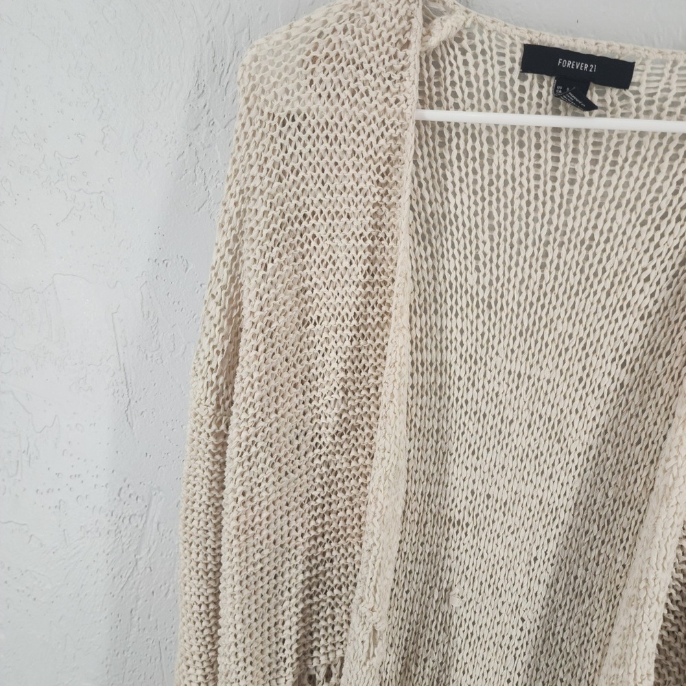 Cream Open Knit Fringe Hem Longline Cardigan Boho Womens Small Coastal Festival - Picture 2 of 5